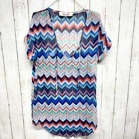 Emmlee Swim Cover Women Sz S/M Multicolored Short Sleeve Deep V Neck Sheer Swim - Picture 1 of 4